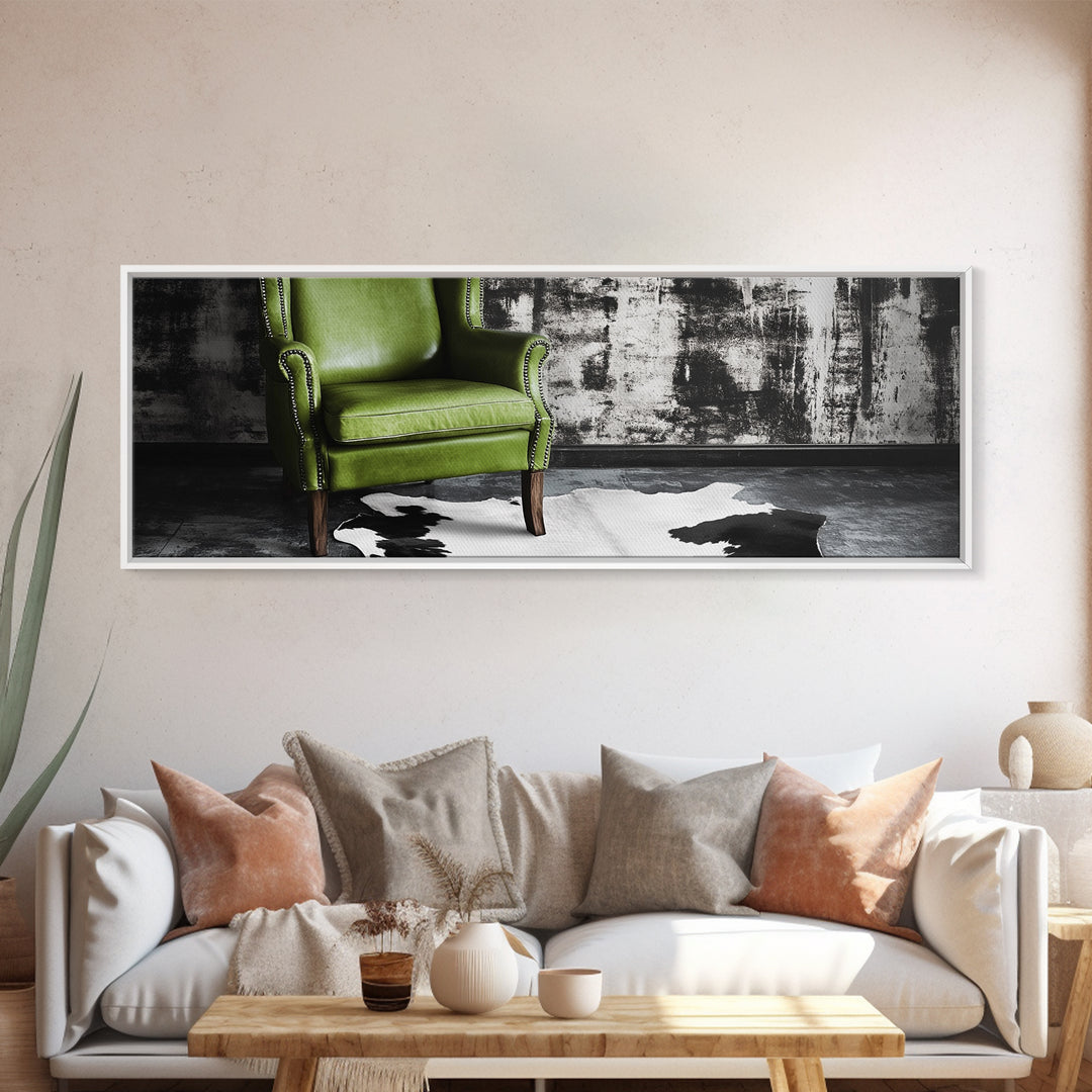 Green Leather Chair, Industrial Urban Scene, Chic Lounge Interior, Framed Canvas Print, Modern Wall Art, Man Cave Office Decor