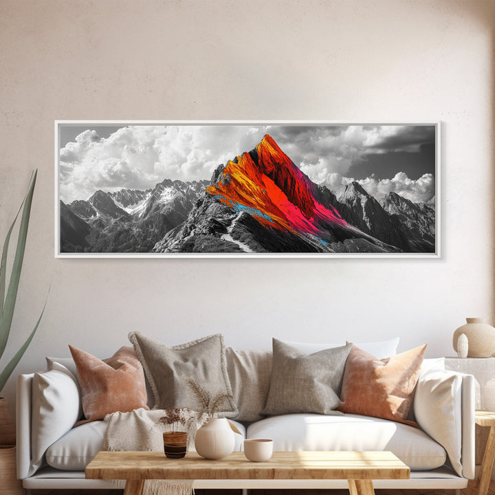 Neon Mountain Peak, Abstract Vibrant Alps, Bold Wilderness Colors, Framed Canvas Print, Modern Wall Art, Adventure Home Decor