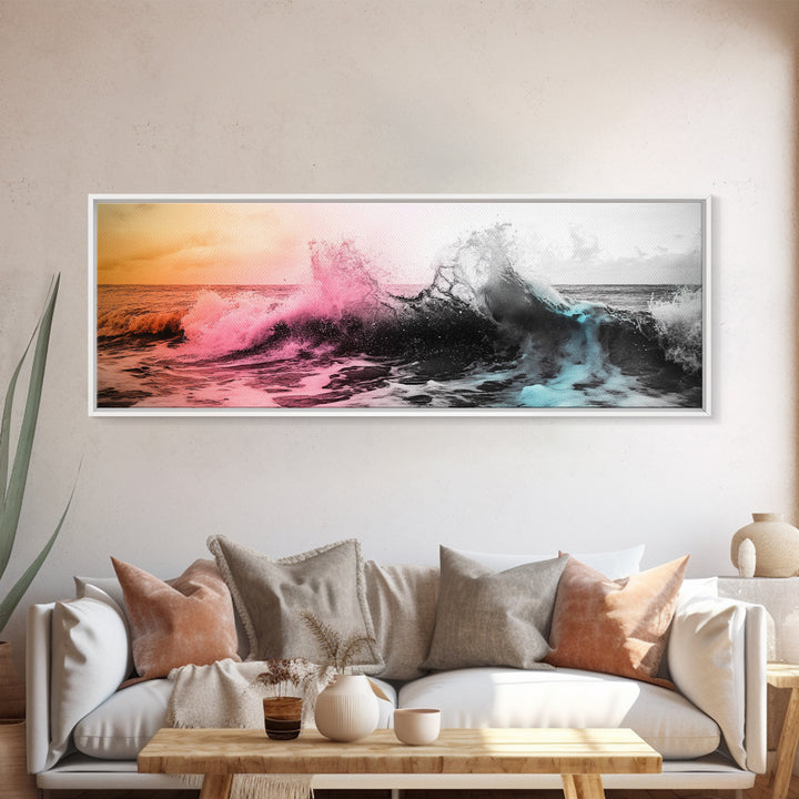 Crashing Ocean Wave, Pastel Color Splash, Moody Coastal Storm, Framed Canvas Print, Bathroom Wall Art, Surfer Beach Vibes