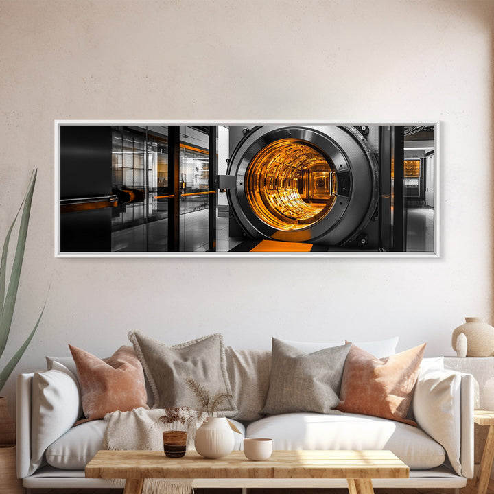 Bank Vault, Futuristic Glow, Industrial Design, Gold Tones, Framed Canvas Print, Office Wall Art, Cyberpunk Decor, Grunge Decor