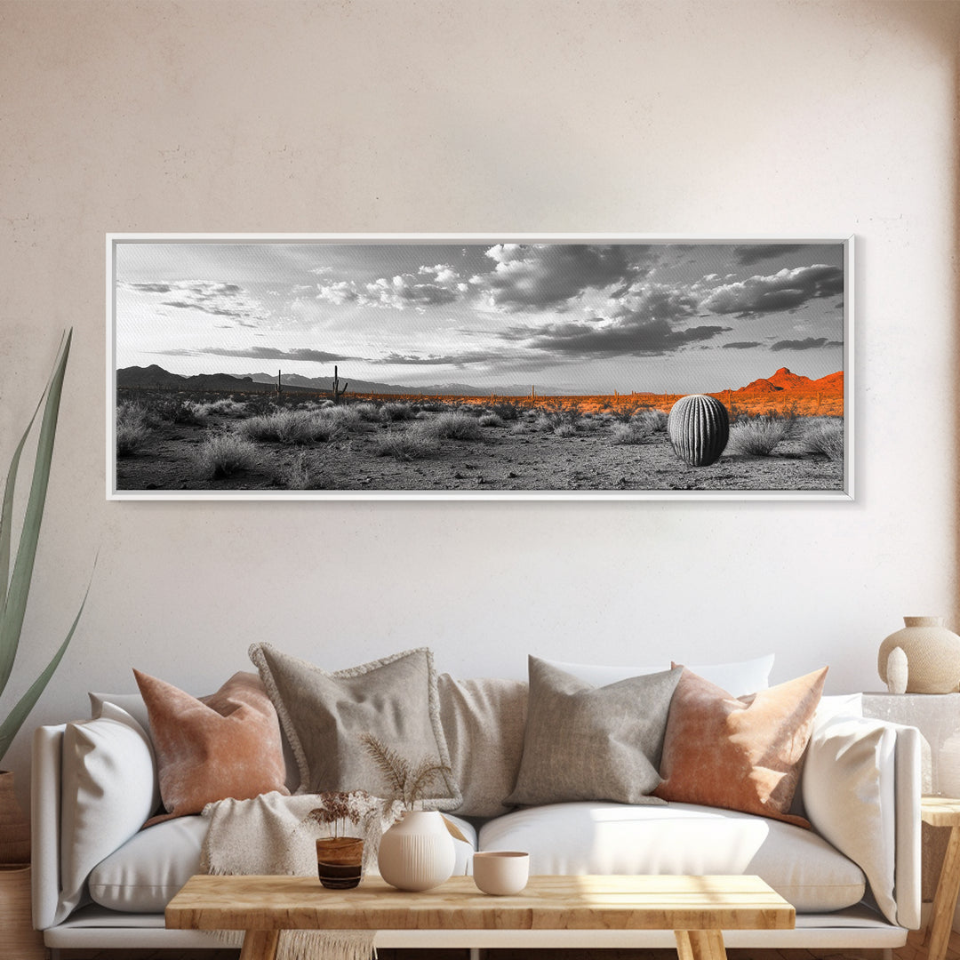 Arizona Desert Cactus, Orange Sunset Landscape, Saguaro Art, Framed Canvas Print, Western Wall Decor, Rustic Living Room Accent