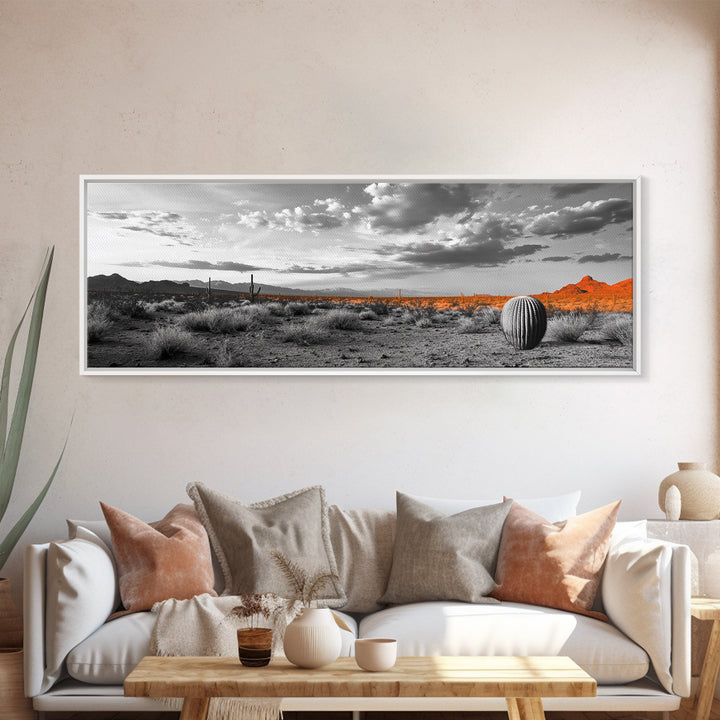 Arizona Desert Cactus, Orange Sunset Landscape, Saguaro Art, Framed Canvas Print, Western Wall Decor, Rustic Living Room Accent