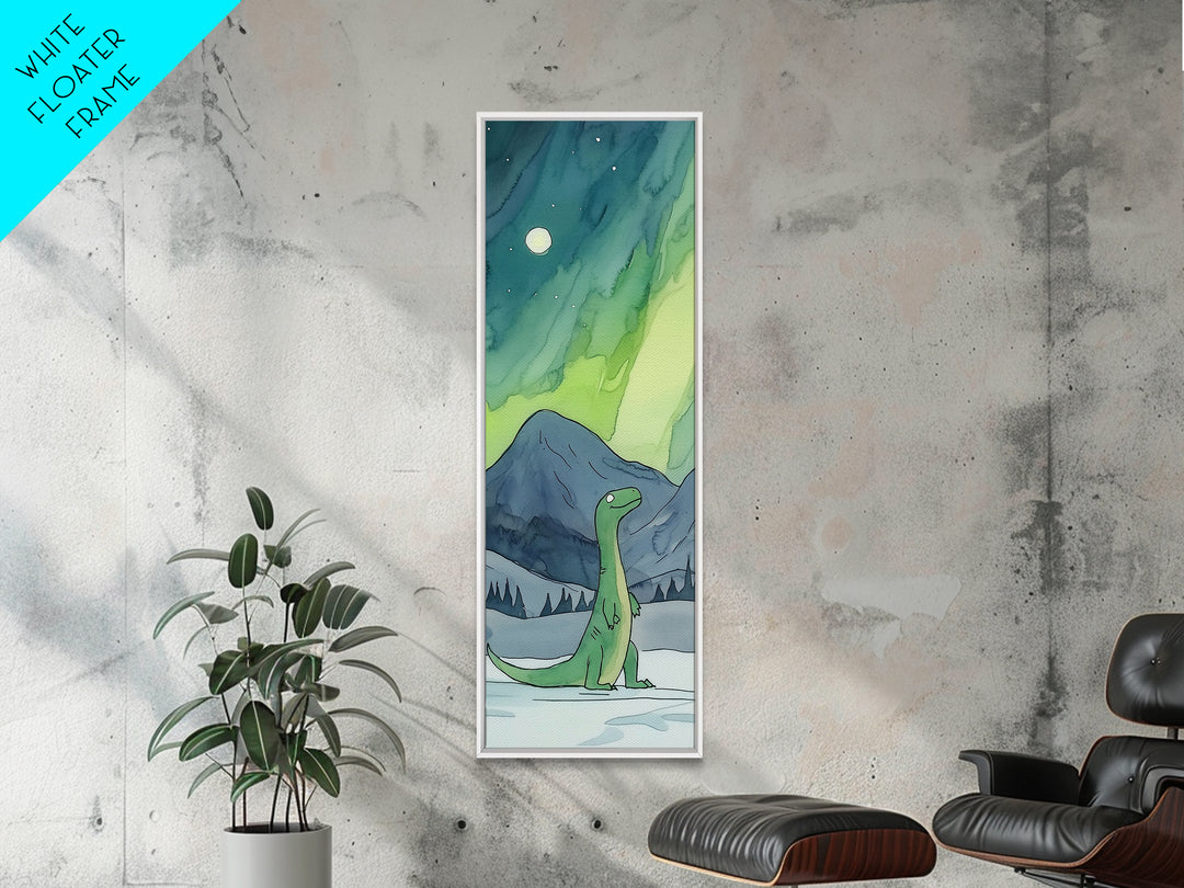 Whimsical Green Dinosaur Under Aurora Wall Art, Kids Room Canvas Print, Northern Lights Nursery Decor, Fantasy Art Gift