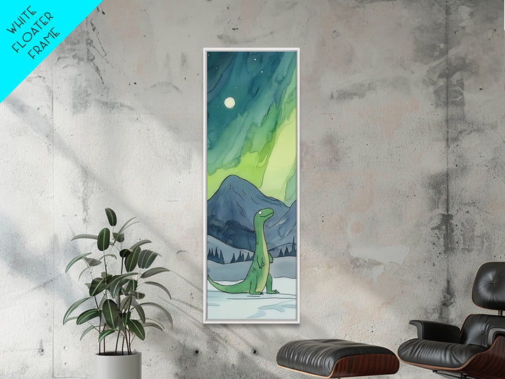 Whimsical Green Dinosaur Under Aurora Wall Art, Kids Room Canvas Print, Northern Lights Nursery Decor, Fantasy Art Gift