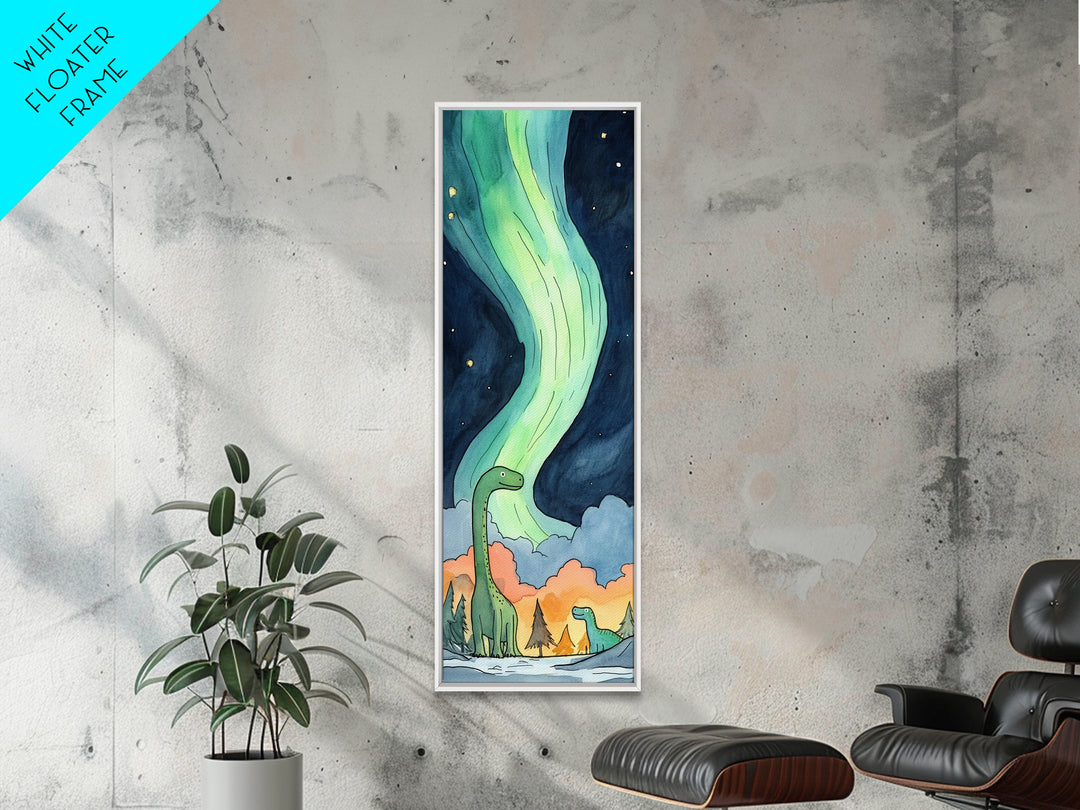 Two Gentle Dinosaurs Beneath Aurora Wall Art, Whimsical Kids Room Canvas Print, Fantasy Nursery Decor, Cute Animal Gift