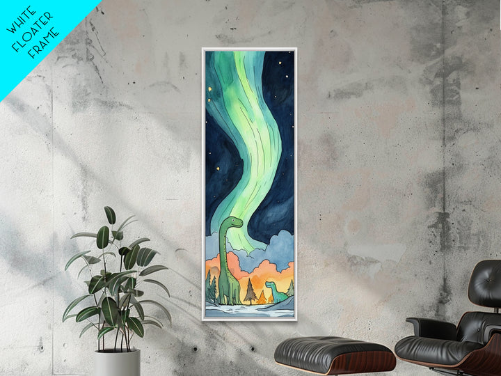Two Gentle Dinosaurs Beneath Aurora Wall Art, Whimsical Kids Room Canvas Print, Fantasy Nursery Decor, Cute Animal Gift
