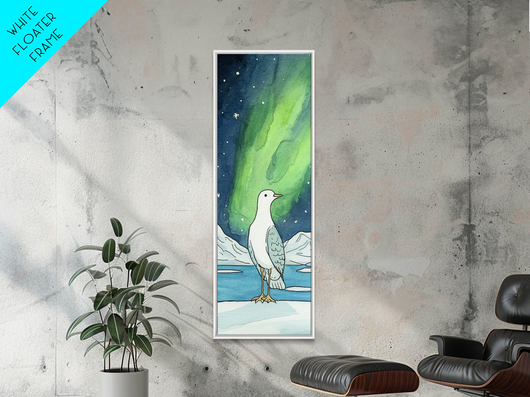 White Seabird In Icy Aurora Landscape Wall Art, Arctic Bird Canvas Print, Coastal Wildlife Decor, Nursery Nature Gift, Art Print