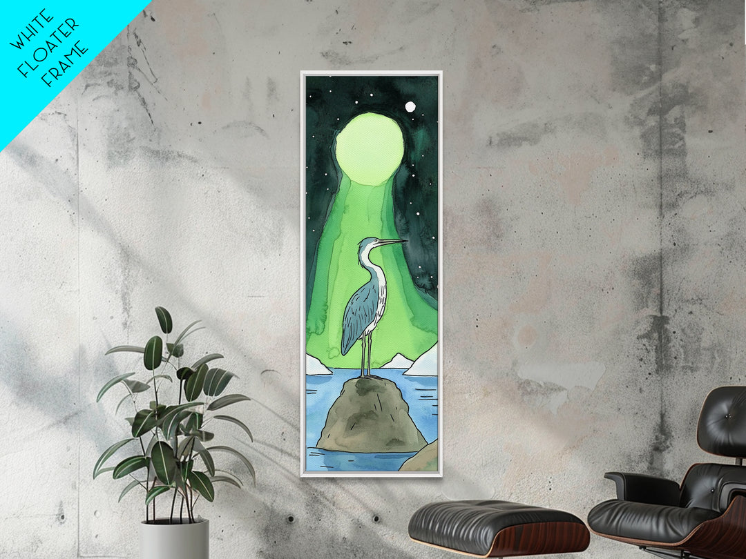 Heron Under Green Aurora Moon Wall Art, Celestial Bird Art Print, Northern Lights Decor, Coastal Wall Decor, Mystical Nature Art