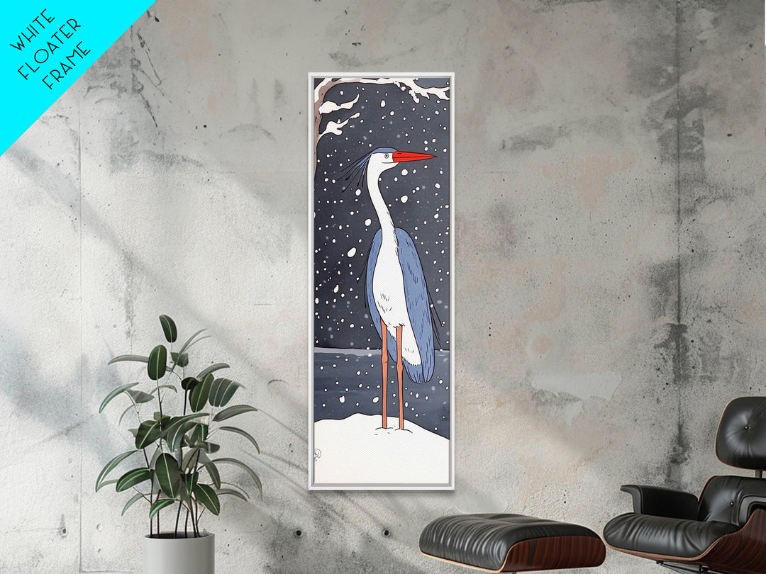 Snowy Heron With Red Beak Framed Canvas Print, Winter Bird Wall Art, Coastal Wall Decor, Animal Art Print, Nature Decor, Gift