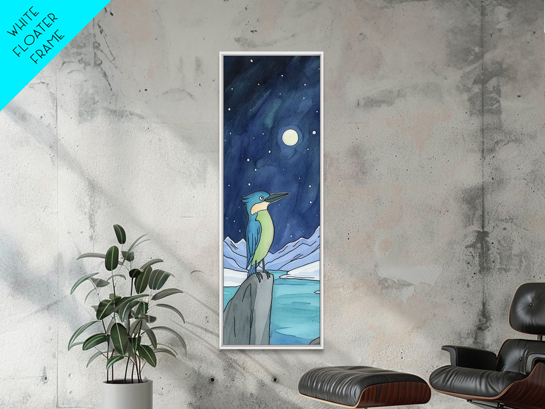 Moonlit Kingfisher On Arctic Ice Wall Art, Whimsical Bird Print, Celestial Night Sky Decor, Kids Room Art Gift, Nursery Decor