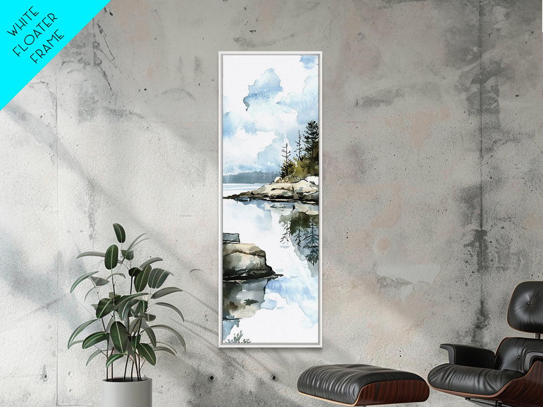 Quiet Rocky Lake And Pine Reflection Framed Canvas Print, Watercolor Landscape Wall Art, Nature Decor, Living Room Art Print