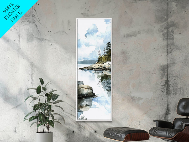 Quiet Rocky Lake And Pine Reflection Framed Canvas Print, Watercolor Landscape Wall Art, Nature Decor, Living Room Art Print