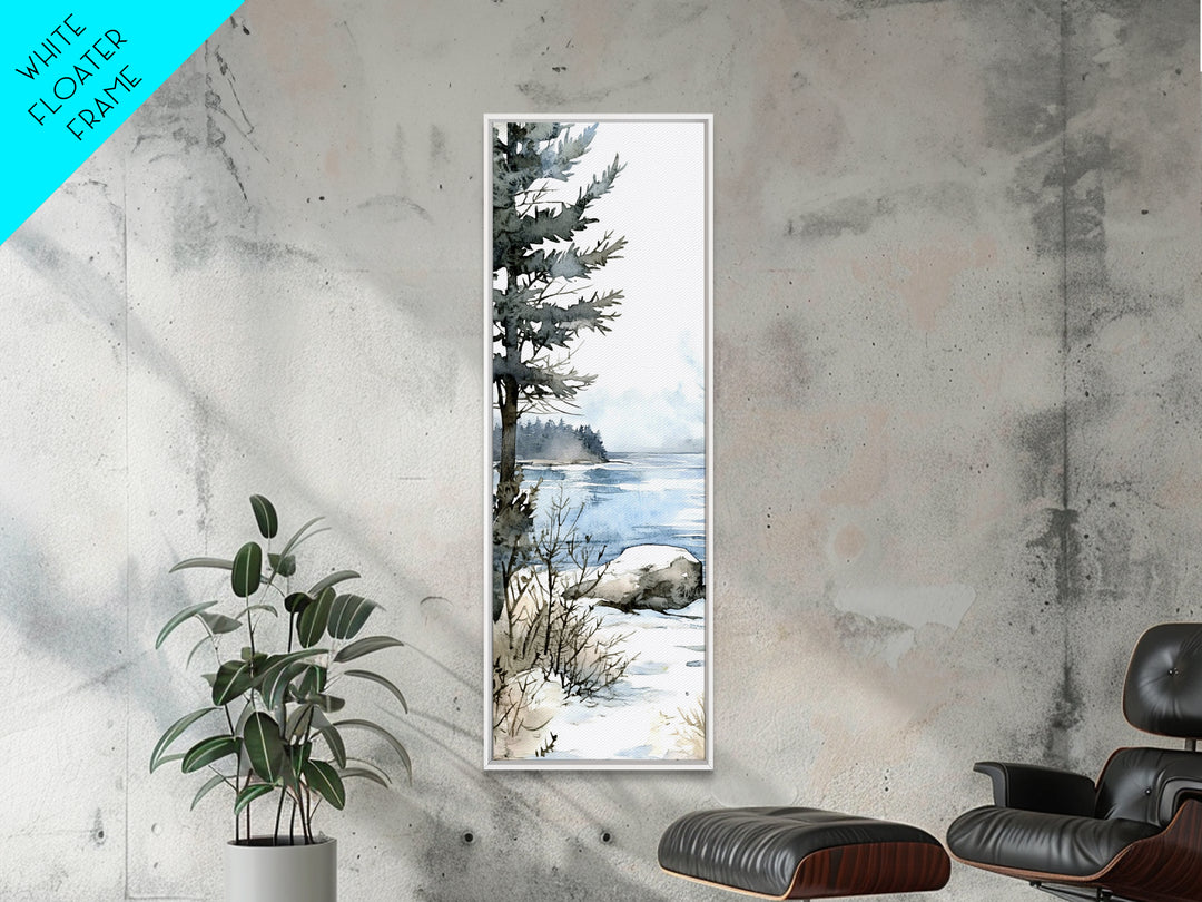Pine Tree By Frozen Lake Framed Canvas Print, Winter Coastal Landscape Wall Art, Cabin Decor, Scandinavian Wall Decor Gift