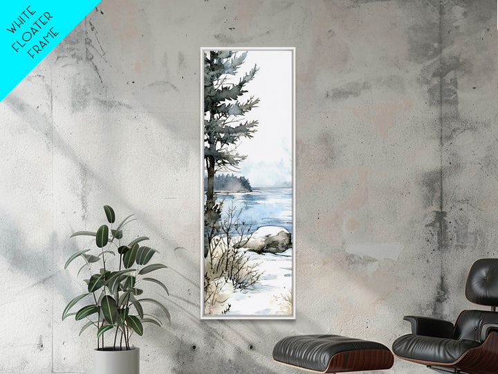 Pine Tree By Frozen Lake Framed Canvas Print, Winter Coastal Landscape Wall Art, Cabin Decor, Scandinavian Wall Decor Gift
