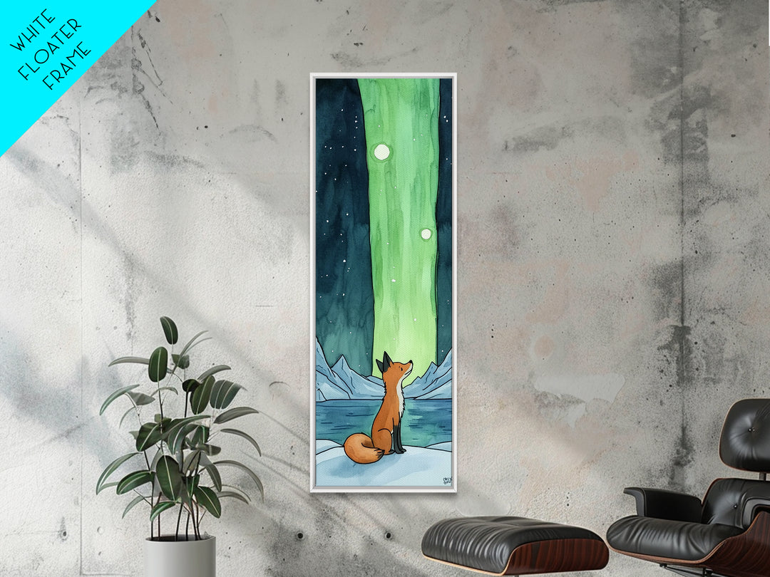 Fox Watching Northern Lights Canvas Print Arctic Landscape Wall Art, Celestial Animal Decor, Cozy Kids Room Nursery Gift