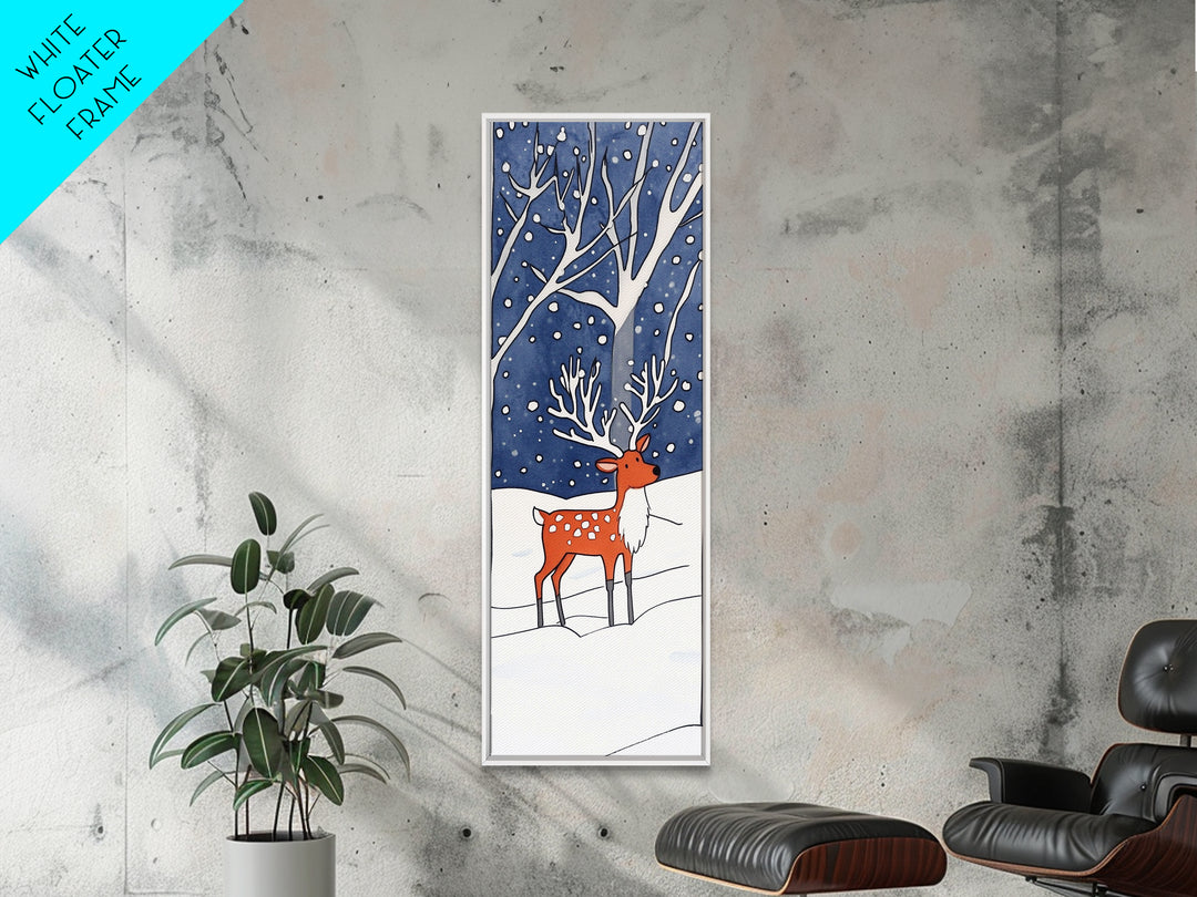 Red Reindeer In Snowy Forest Wall Art, Whimsical Winter Woodland Nursery Decor, Christmas Gift, Kids Room Wall Decor For Baby