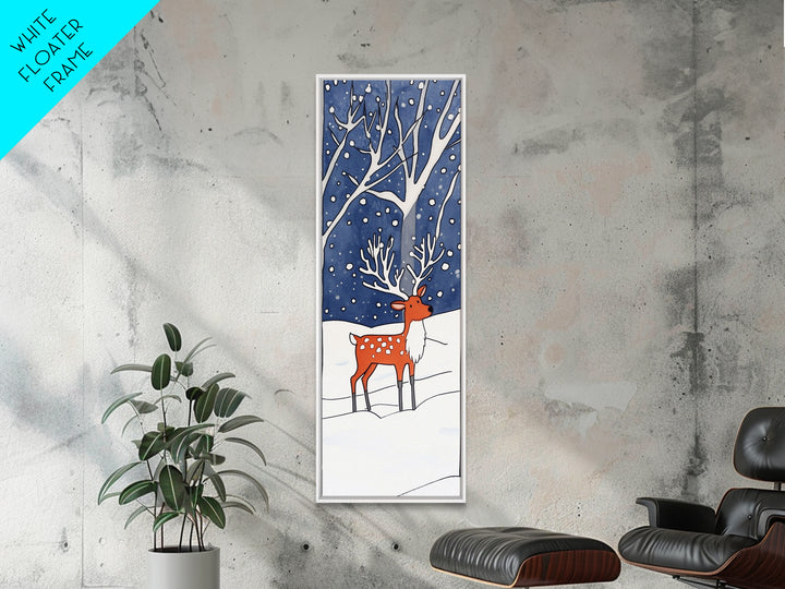 Red Reindeer In Snowy Forest Wall Art, Whimsical Winter Woodland Nursery Decor, Christmas Gift, Kids Room Wall Decor For Baby