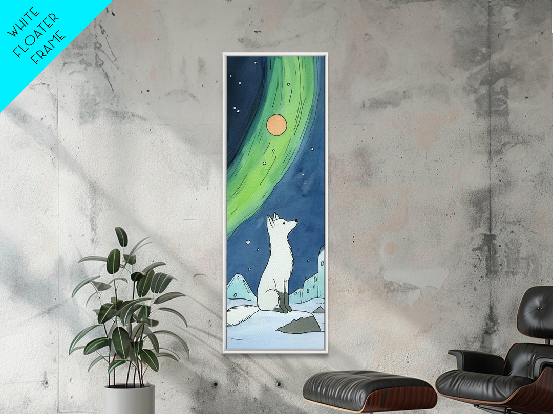 Arctic Fox Under Northern Lights Wall Art, Whimsical Snowy Animal Print, Aurora Nursery Decor, Winter Wildlife Canvas Print