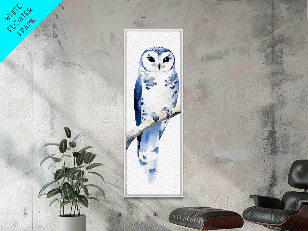 Blue And White Owl On Branch Canvas Print, Minimal Watercolor Bird Art, Nursery Wall Decor, Coastal Blue Bedroom Art Gift