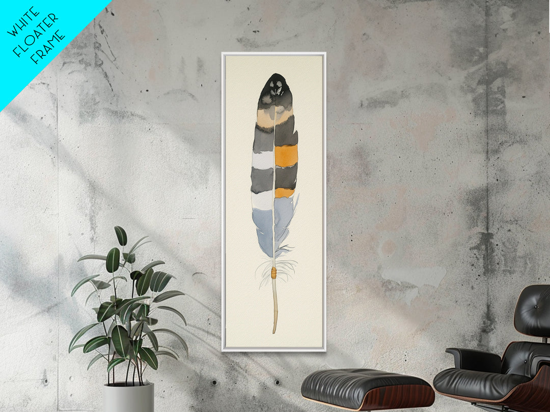Bold Striped Feather Canvas Print, Watercolor Bird Art, Boho Wall Decor, Neutral Nature Print, Rustic Gallery Wall Gift Idea