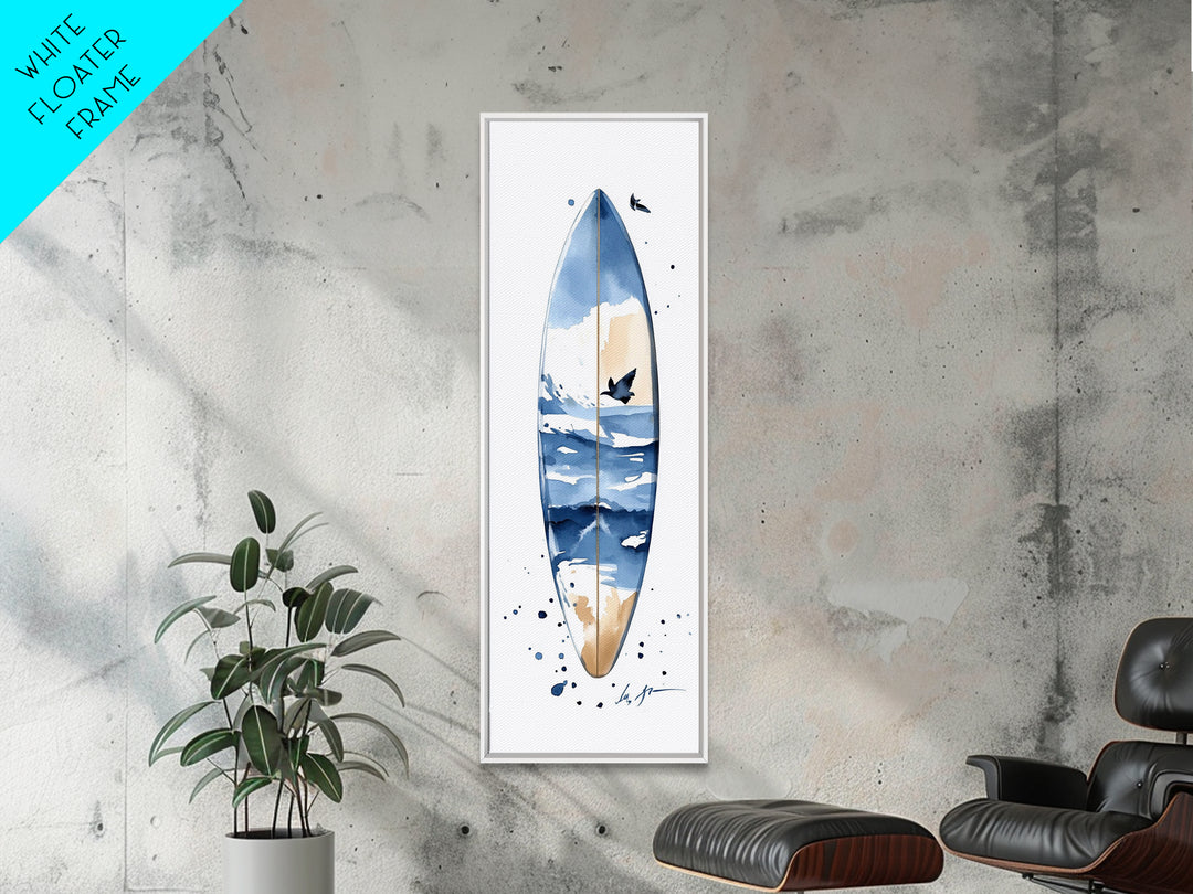 Blue Wave Surfboard With Birds Canvas Print, Coastal Wall Art, Ocean Decor, Beach House Surf Poster, Living Room Art, Modern Coastal Art
