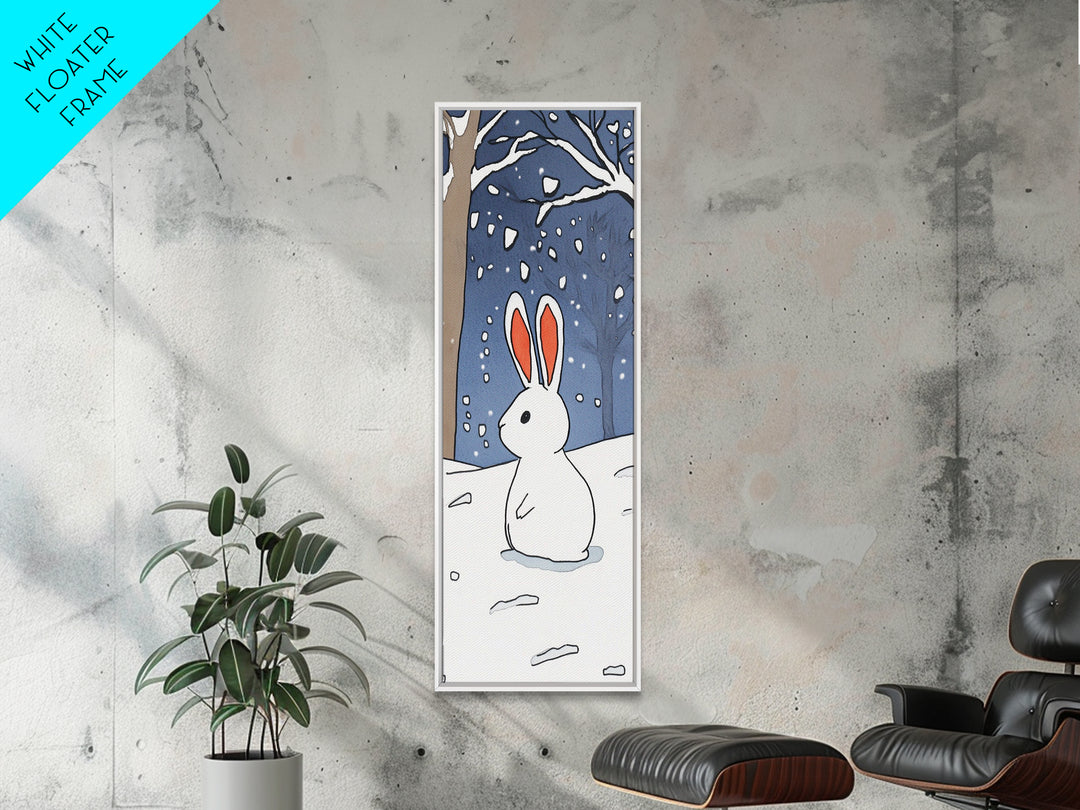 White Bunny In Snowy Forest Wall Art, Whimsical Rabbit Print, Woodland Nursery Decor, Winter Kids Room Wall Decor, Baby Shower Gift