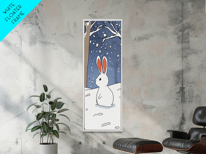 White Bunny In Snowy Forest Wall Art, Whimsical Rabbit Print, Woodland Nursery Decor, Winter Kids Room Wall Decor, Baby Shower Gift