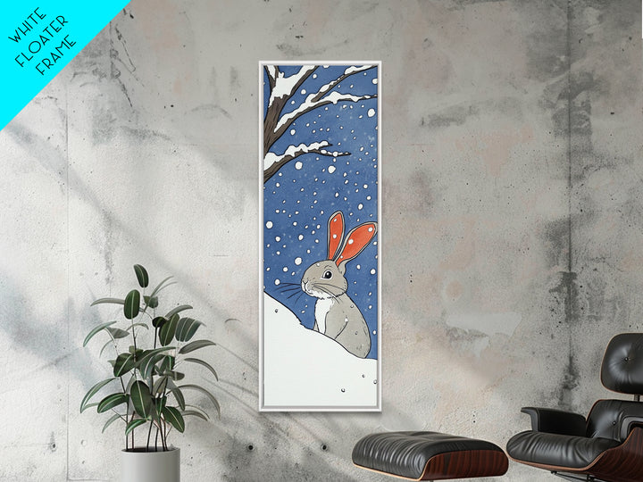 Snow Bunny In Falling Snow Wall Art, Whimsical Rabbit Watercolor Print, Cute Nursery Animal Decor, Winter Kids Room Art