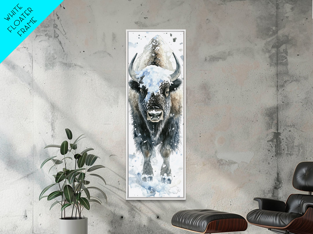 Snowy Bison Portrait Framed Canvas Print, Rustic Wildlife Wall Art, Western Animal Decor, Winter Lodge Housewarming Gift