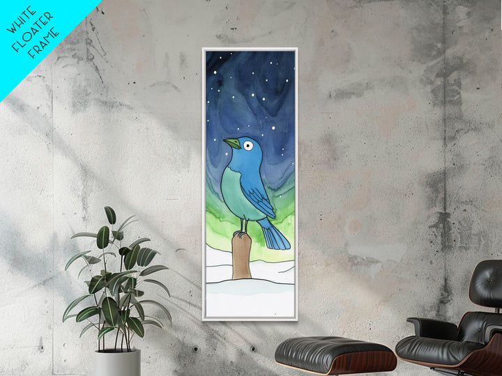 Whimsical Blue Bird In Starry Snow Canvas Print, Winter Nursery Wall Art, Kids Room Decor, Cute Animal Art, Bird Lover Gift