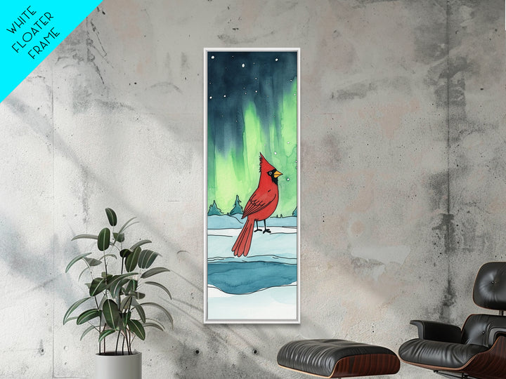 Red Cardinal In Snowy Aurora Landscape Framed Canvas Print, Winter Bird Wall Art, Nature Wall Decor, Christmas Gift, Living Room Art