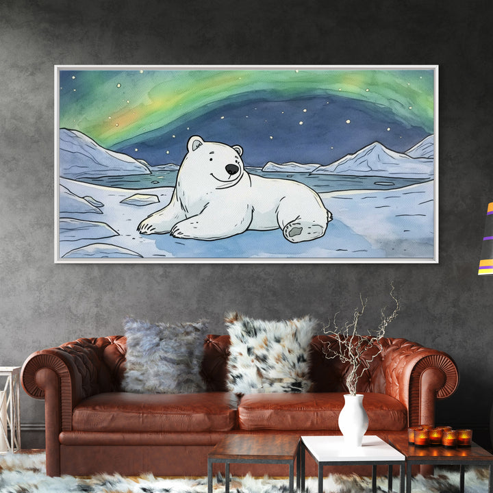Polar Bear Under Northern Lights Wall Art, Arctic Animal Canvas Print, Nursery Decor, Wildlife Print, Winter Home Decor Gift