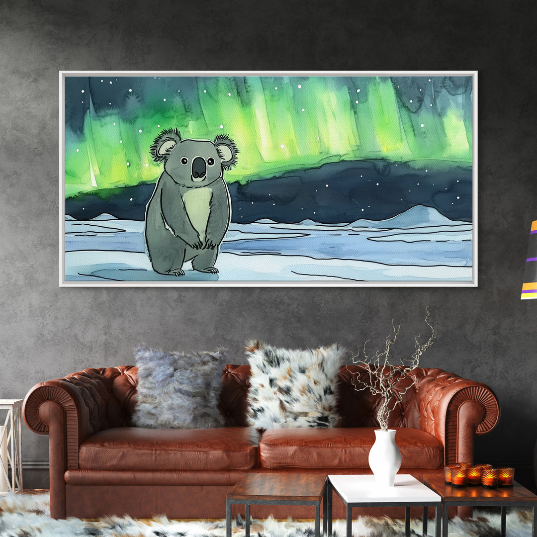 Koala Under Northern Lights Wall Art, Whimsical Animal Canvas Print, Aurora Nursery Decor, Kids Room Art, Unique Gift For Her