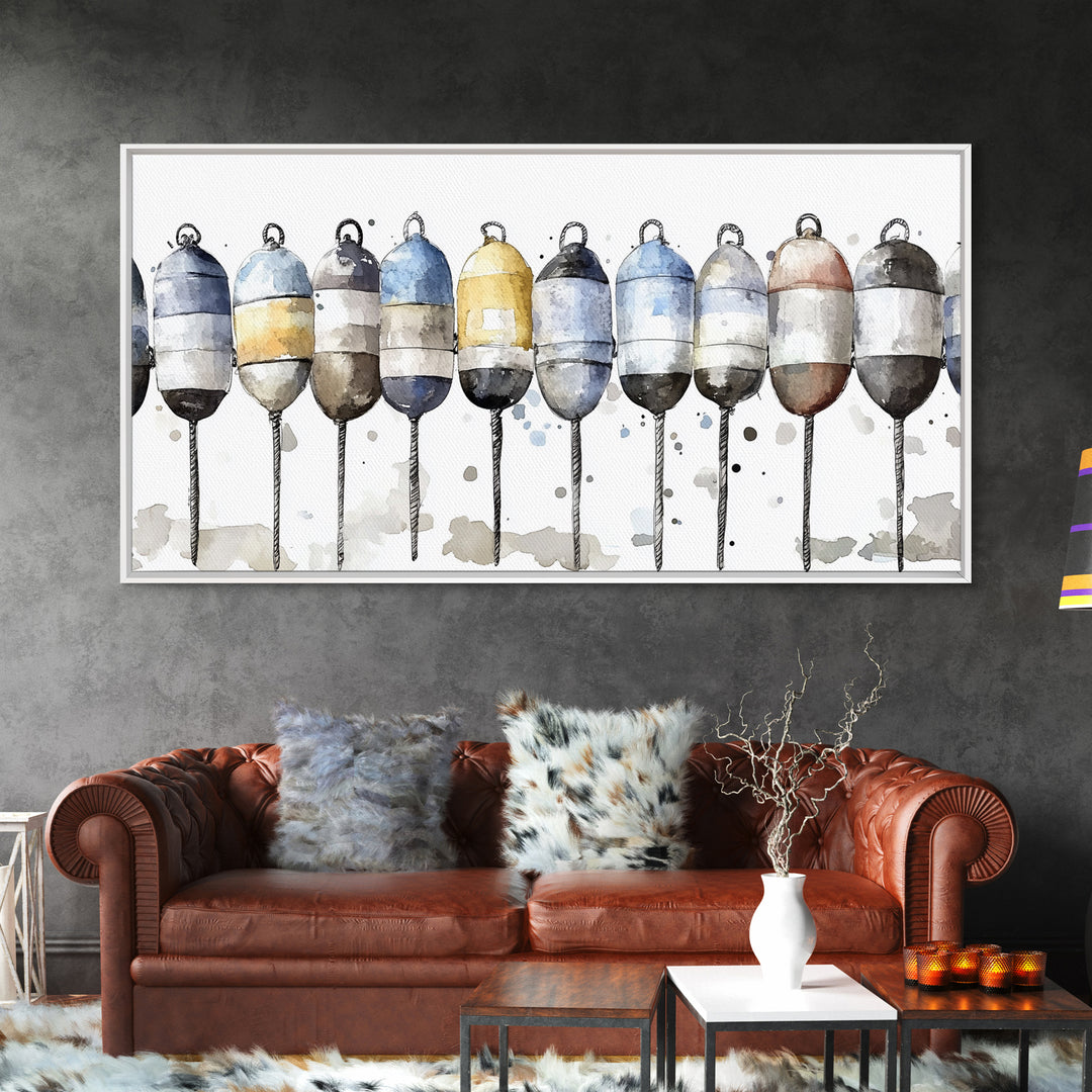 Striped Fishing Buoys Wall Art, Nautical Canvas Print, Coastal Bathroom Decor, Beach House Art, Ocean Wall Decor Gift Print