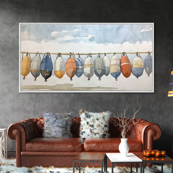 Hanging Coastal Buoys Canvas Print, Nautical Wall Art, Beach House Decor, Ocean Print, Bathroom Wall Decor, Gift For Her