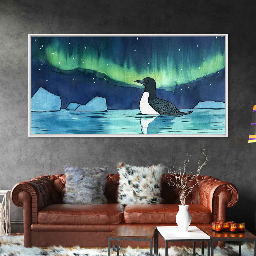 Loon Under Northern Lights Wall Art, Arctic Lake Canvas Print, Wildlife Bird Print, Coastal Nature Decor, Gift For Her, Home Decor