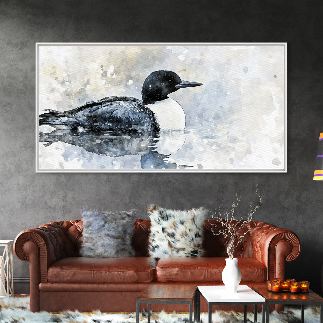 Watercolor Loon On Misty Lake Wall Art, Coastal Bird Canvas Print, Nature Wildlife Decor, Serene Lake House Gift, Living Room Fine Art Print