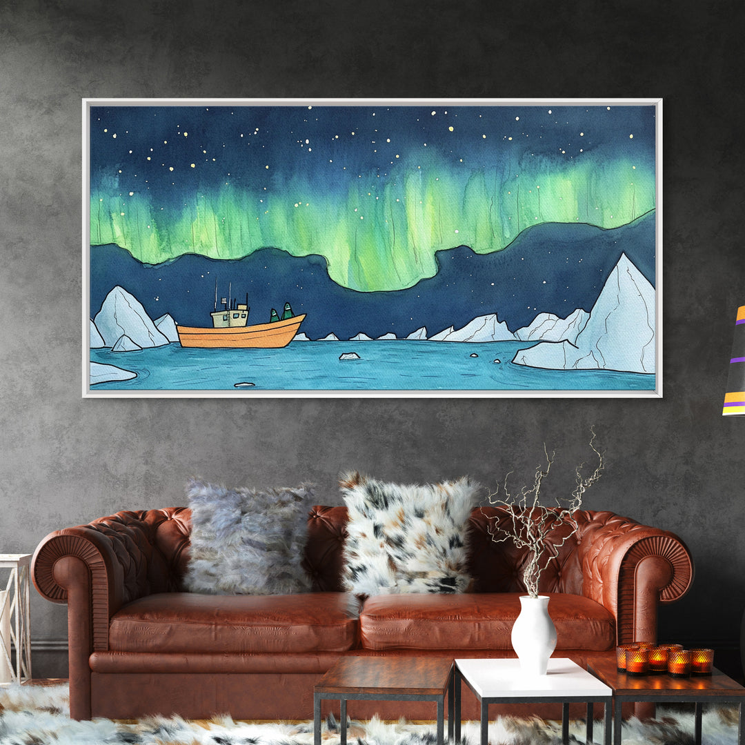 Northern Lights Boat And Iceberg Wall Art, Arctic Seascape Canvas Print, Aurora Borealis Travel Poster, Nautical Decor Gift