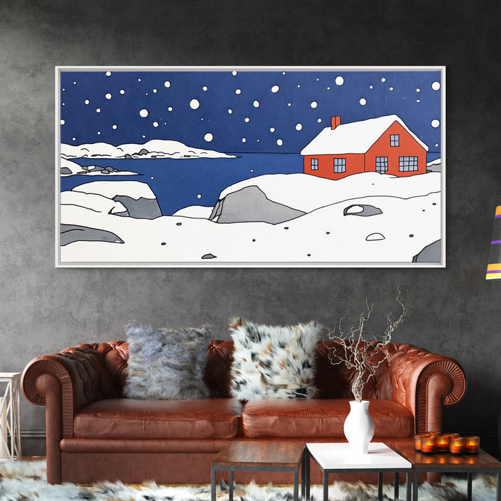 Red House On Snowy Coastal Hill Wall Art, Winter Lake Landscape Canvas Print, Scandinavian Decor, Rustic Housewarming Gift