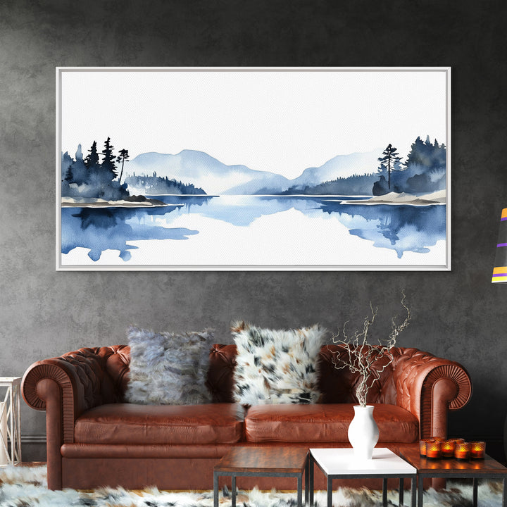 Minimal Blue Mountain Lake Wall Art, Watercolor Landscape Canvas Print, Scandinavian Nature Decor, Calm Living Room Wall Art