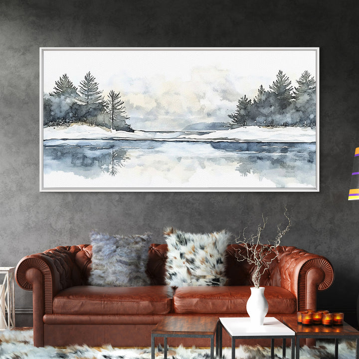 Winter Pine River Reflection Wall Art, Blue Watercolor Landscape Canvas Print, Serene Nature Living Room Decor, Lake House Gift