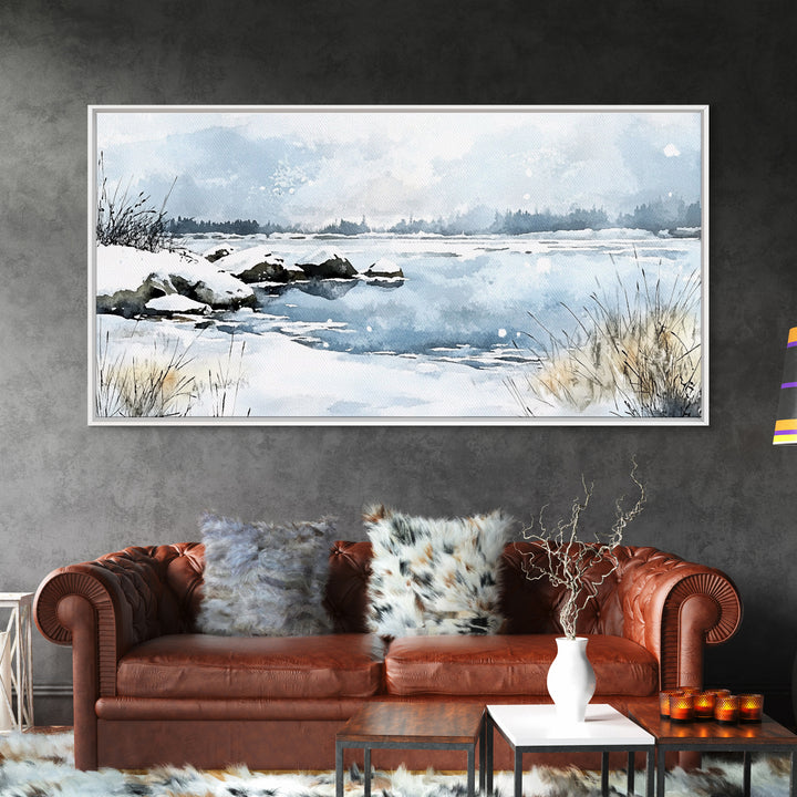 Snowy Marsh Lake With Rocks And Grass Wall Art, Winter Watercolor Landscape Canvas Print, Neutral Nature Decor, Cabin Gift