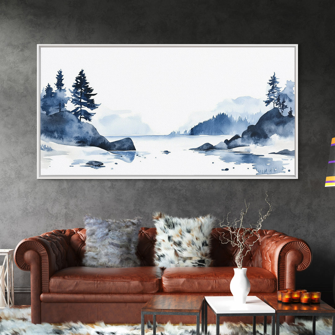 Blue Rocky Lake And Pine Island Canvas Print, Watercolor Coastal Landscape, Scandinavian Wall Decor, Calm Living Room Art