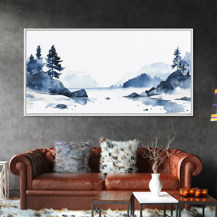 Blue Rocky Lake And Pine Island Canvas Print, Watercolor Coastal Landscape, Scandinavian Wall Decor, Calm Living Room Art