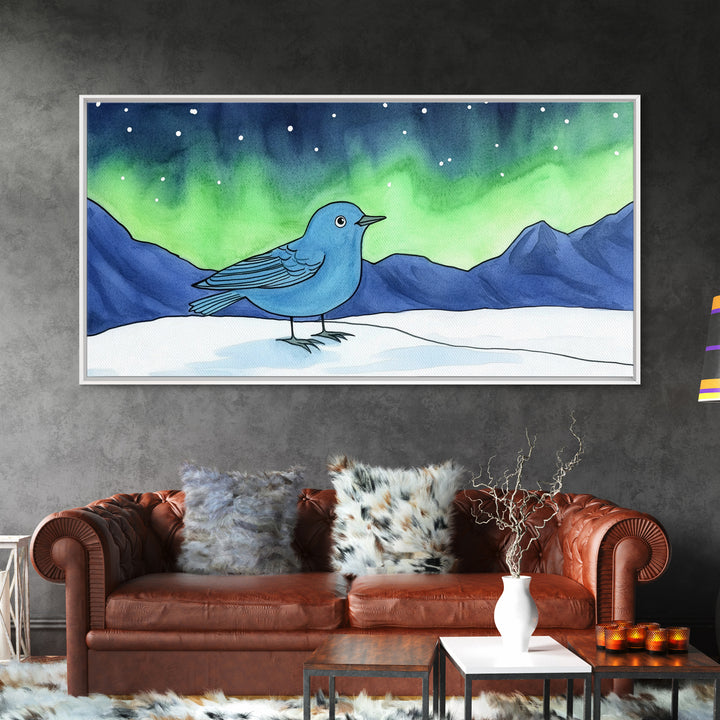 Blue Bird Under Northern Lights Canvas Print, Aurora Mountain Landscape Wall Decor For Nursery, Kids Room, Winter Home Decor