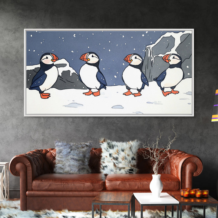 Four Puffins In Snowy Arctic Landscape Canvas Print, Whimsical Animal Wall Art For Kids Room, Nursery, Coastal Winter Decor
