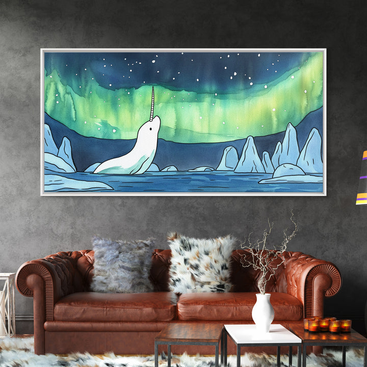 White Narwhal Under Northern Lights Canvas Print, Arctic Ocean Wall Art For Nursery, Kids Room, Coastal Decor, Fantasy Gift