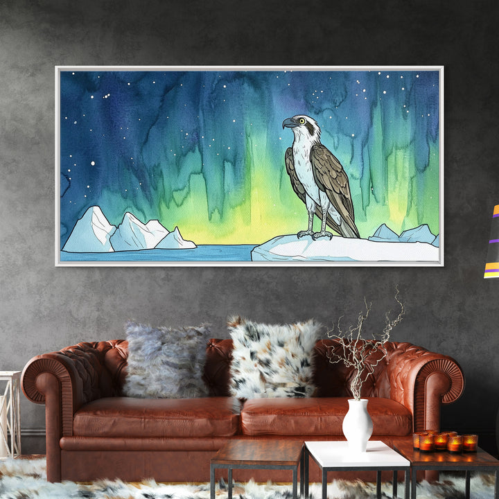 Osprey Perched Beneath Northern Lights Wall Art, Aurora Borealis Bird Print, Arctic Nature Decor, Wildlife Canvas Art Print