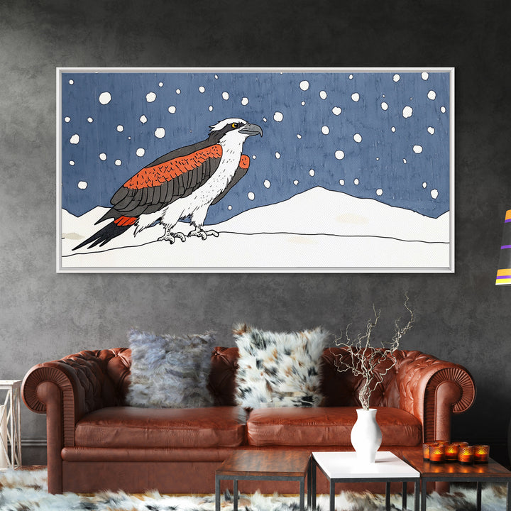 Snowy Osprey Hawk In Winter Landscape Wall Art, Bird Lover Gift, Rustic Wildlife Print, Cabin Decor Canvas Art, Nature Wall Decor