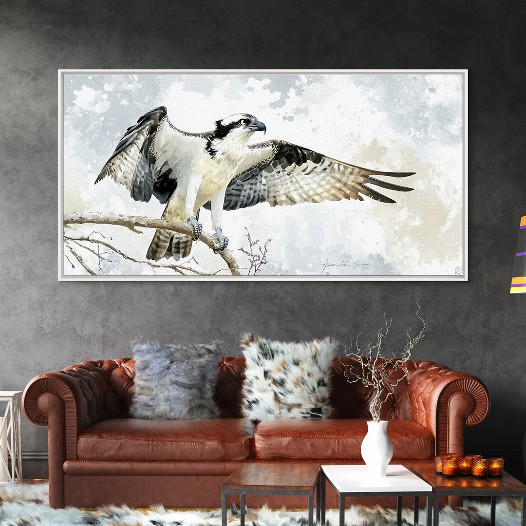Landing Osprey On Winter Branch Canvas Print, Watercolor Hawk Wall Art, Rustic Nature Decor, Bird Lover Housewarming Gift